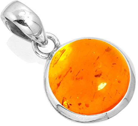 Jeweloporium Orange Bernstein Silber Halskette, 925 Sterling Silber Anhänger für Damen, klobiger runder Edelstein Boho Schmuck