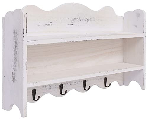 vidaXL Perchero de Pared con Dos Estante y Cuatro Ganchos Mueble Percha de Recibidor Pasillo de Madera de Paulownia Blanco 50x10x23 cm