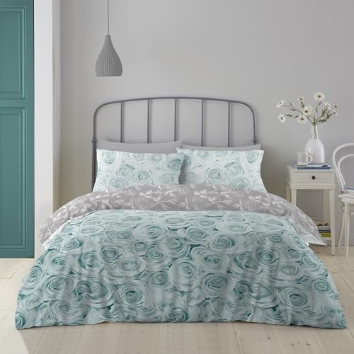 GC GAVENO CAVAILIA Flowers Duvet Cover Set, Reversible Super King Bedding Sets, Polycotton Rose Bed Covers, Duck Egg