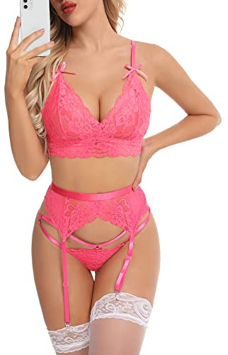 Aranmei Lingerie sexy da donna con reggicalze 3 pezzi reggiseno in pizzo e mutandine per le donne Naughty Babydoll Body, rosa, L