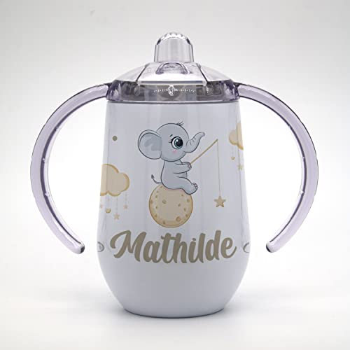 Marquage Unique Gobelet/Tasse à bec enfant Personnalisable - Idée cadeau personnalisé prénom - Gobelet Apprentissage Éléphant Lune - CL0007a