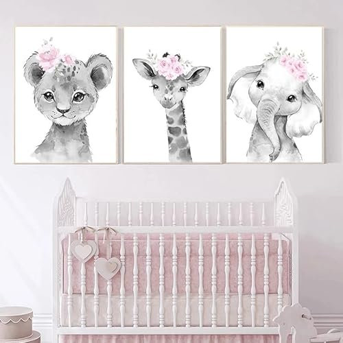 3 Poster Safari Löwe Giraffe Elefant Grau Rosa Blumen Bilder Tiere Leinwand Tierposter für Kinder Baby Jungen Mädchen Schlafzimmer Wand Kunstdrucke Geschenk A3 ohne Rahmen