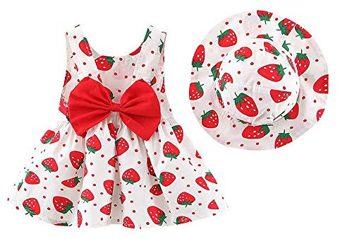 Robe d'été pour bébé fille - Sans manches - Motif floral - Nœud - Princesse - Robe d'été + chapeau de paille, rouge/blanc, 12-18 mois