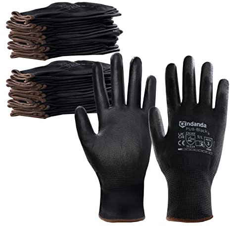 ANDANDA Arbeitshandschuhe, 24 Paar, gestrickt, nahtlos, Handfläche und Finger, PU-Beschichtung, gute Haftung, DIY-Handschuh, Lagerung, Logistik, Montage, Schwarz, L