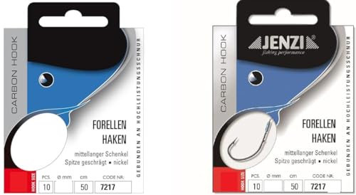 Set: 2 Packungen JENZI gebundene Forellenhaken (20 Stück) Mono, 50cm Hakengröße 2, 4, 6, 8, 10, 12, je nach Auswahl + gratis Petri Heill! Aufkleber (Hakengröße 4)