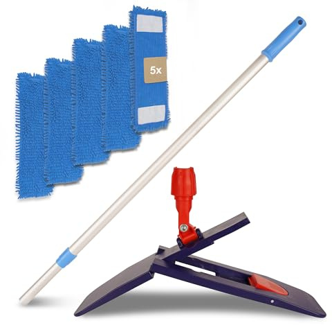 G.I.V. Bodenwischer Set 50cm Klapphalter mit Trittmechanik & Magnetverschluss + Teleskopstiel ausziehbar 88-150cm inkl. 5X Chenillemopp Bezug - Wischer Bodenreinigung - Gebäudereinigung