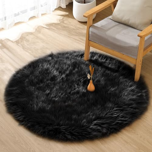 ORINOVA Teppich Runder Schwarz Kunstfell Flauschig 120 cm Fellteppich Weich Schlafzimmer Kuschelteppich Waschbar Wohnzimmer