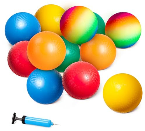 U&C Planet 12-Pack Regenbogen Spielplatz Bälle Dodgeballs 21,5 cm Leichte Anti-Rutsch-Oberfläche mit Luftpumpe Softbälle für Kinder Familie Spiel Kinder Indoor Outdoor Spiel