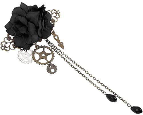 Clips Barrettes, Steampunk Hair Clips with Tassels Chain Rose Flower Hair Clip Vintage Halloween Headdress Goth Gothic Hair Accessories for Women Girls Black
