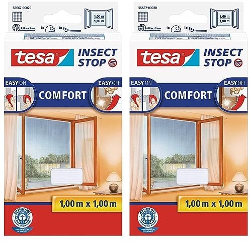 tesa Insect Stop COMFORT Fliegengitter für Fenster - Insektenschutz mit Klettband selbstklebend - Fliegen Netz ohne Bohren - weiß (leichter sichtschutz), 100 cm x 100 cm (Packung mit 2)
