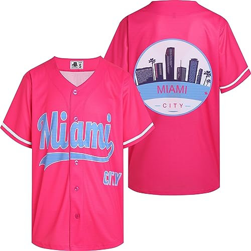 DEHANER City-Baseball-Trikots für Herren und Damen, Button-Down-Shirt, Freizeit-Shirt, Streetwear, Outfits, Fans, Tops, Miami City-Hot Pink Jersey, 3XL