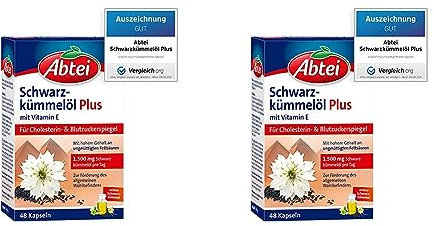 Abtei Schwarzkümmelöl Plus - mit Vitamin E - Nahrungsergänzung für Cholesterin- und Blutzuckerspiegel - 1 x 48 Kapseln (Packung mit 2)
