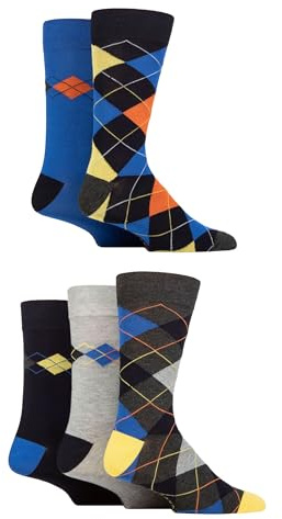 SockShop Men's Patterned Bamboo Socks - Bright Colourful Natural Various Designs for Everyday Wear Size 7-11 Multipack of 5 (7-11, Argyle Navy Bright)