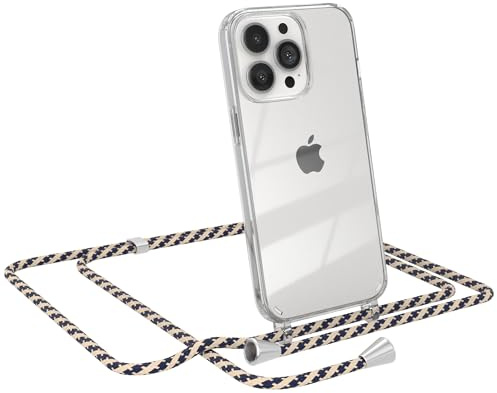 EAZY CASE Handykette kompatibel mit iPhone 13 Pro Handyhülle mit Umhängeband, Handykordel mit Schutzhülle, Silikonhülle, Hülle Band, Stylische Kette für Smartphones, Taupe Camouflage - Clips Silber