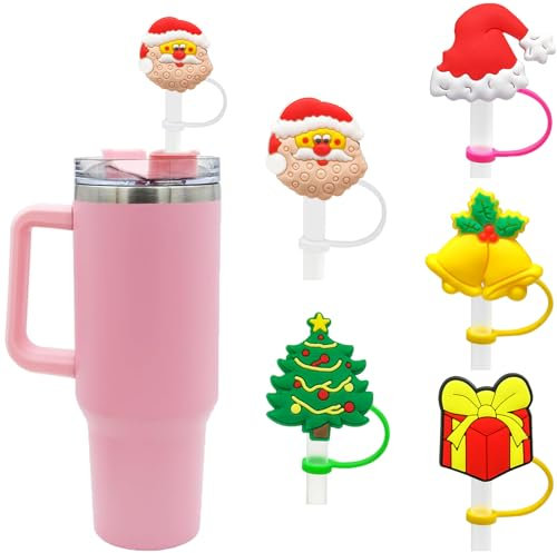 5Pcs Straw Cover Cap for Stanley Cup, Christmas Silicone Straw Toppers Accessories Compatible with Stanley 30&40 Oz Tumbler, Dust-Proof Drinking Straw Reusable Straw Tips Lids