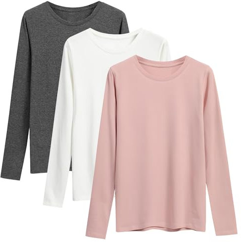 LiKing T- Shirt Tops À Manches Longues Femme Basique en Coton -Tee Shirt Manche Longue Femme Coton T Shirt Long Femme Blanc Rose Gris Lot de 3 Taille XL GWP