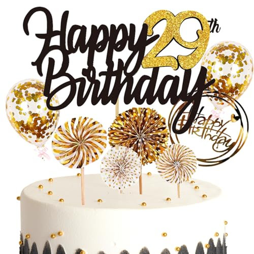 Feelairy Tortendeko Happy Birthday Gold Kuchendeko 29. Geburtstag Frau, Kuchen Topper Happy 29th Birthday, Cake Topper 29. Geburtstag Ballons Konfetti für Geburtstagstorte Deko 29 Jahre Frauen Männer