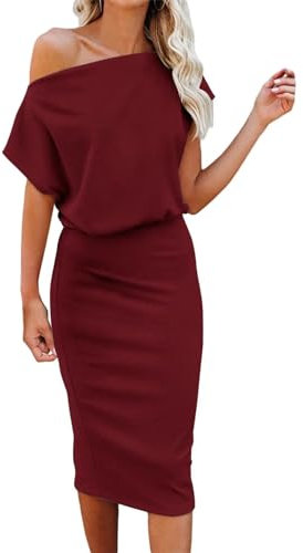 Dressmine Womens Prom Dress Off The Shoulder Batwing Summer Short Sleeve Party Bridesmaid Dresses Burgundy Large