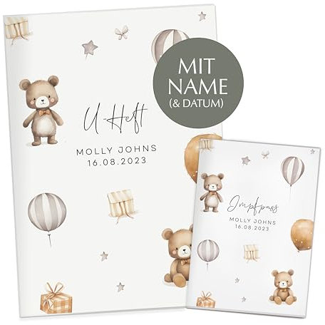 NORDEULE U-Heft- und Imfpasshülle mit Name und Datum personalisiert | 4-teiliges Set | Hochwertige Hülle für Untersuchungsheft und Impfass Deines Kindes (Collection Molly | Weiß)