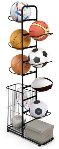 SPOTRAVEL 7 Tier Ball Storage Rack, Vertical Basketball Rack Ball Holder with 7 Detachable Hanging Rods & Side Bin, Metal Sports Equipment Storage Organizer Display Stand for Stadium Gym Classroom