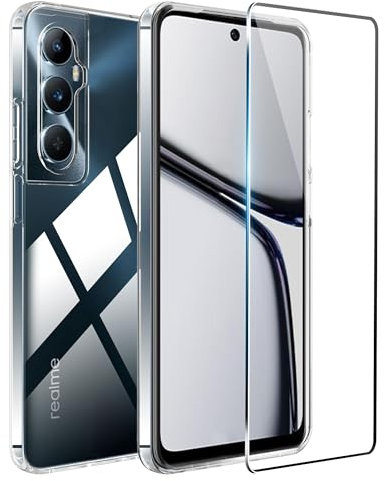 Effcotuo Coque pour Realme C65 4G Verre Trempé Protection écran Deux, Transparent Soft Silicone TPU Cover Absorption de Choc et Anti-Scratch Housse étui