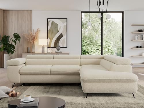 MKS MEBLE Sofa L, Wohnlandschaft L-Form mit Schlaffunktion und Bettkasten, Schlafsofa mit Bettkasten, Ecksofa, Sofa mit Einstellbare Kopfstützen, Pedro L - Beige Boucle - Rechts