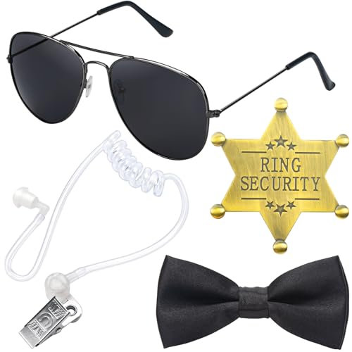 ERDOGLY Ring-Sicherheits-Eheringträger, Geschenke, Geheimdienst, Cosplay-Set mit Antragsring, Sicherheitsabzeichen, Sonnenbrille, Fliege, Spionage-Ohrmuschel – Kinder-Polizei-FBI-Spielzeug-Zubehör