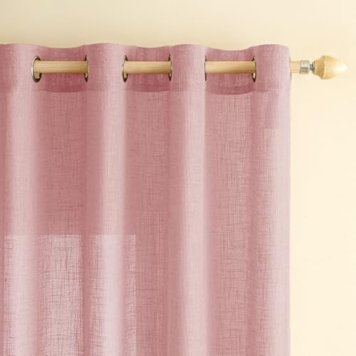 EMEMA Gardinen Vorhänge Leinenvorhang mit Ösen Voile Vorhang Leinenoptik Modern Halbtransparent für Wohnzimmer Dekoschal Kinderzimmer Schlaufenschal Küchengardinen 2er Set 140x245cm (BxH) Rosa