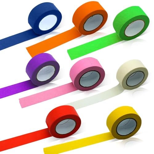 8 Rolls Coloured Masking Tape, 15mm x 13m Rainbow Adhesive Tape Pressure Sensitive Tapes Textured Paper Colorful Masking Tape Decorating Art Supplies for Kids Painting DIY Craft Labeling Coding