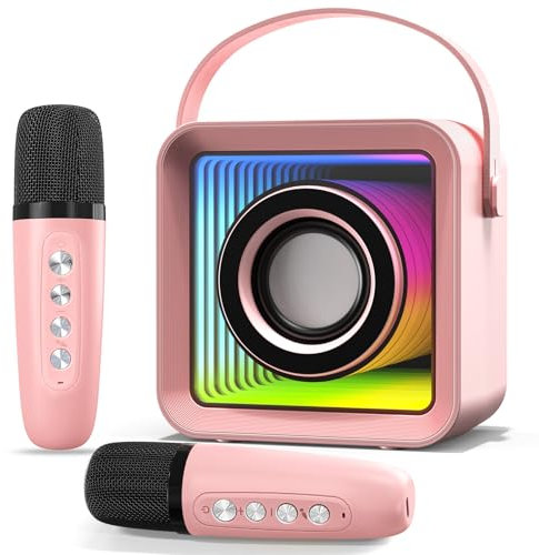 HUABAO Mini Karaoke Machine with 2 Wireless Microphones, Portable Bluetooth Singing Speaker with Lights for Kids & Adults, Child Karaoke Toys, Gift for Girls & Boys for Birthday, Home Party (Pink)