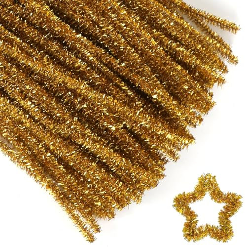 Pfeifenputzer Gold Zum Basteln, Glitzer Pfeifenreiniger, 100 Stück Chenilledraht 30CM, Pipe Cleaner, Pfeifenreiniger Bastelzubehör, für Kinder Zum Basteln und Dekorieren