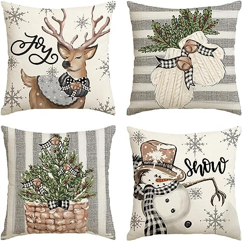 ALINK Schneemann Rentier Handschuhe Holly Büffel Plaid Weihnachten Kissenbezüge 4er Set, 45x45cm Winter Zierkissenbezug Couch Wohnzimmer Deko