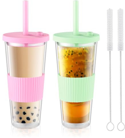 Dyserbuy 2 Pack Reusable Bubble Tea Cups, 730ml Large Plastic Smoothie Cup with Lids and Straws, Leakproof Clear Water Tumbler for Bubble Tea, Iced Coffee, Milkshake, Milk (Pink and Green)