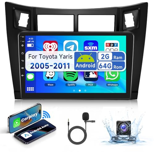 Autoradio Podofo 2G e 64G da 9 pollici per Toyota Yaris 2005-2011 Wireless Carplay Android Auto, Radio Android Bluetooth con Wifi GPS RDS/FM+AHD Telecamera posteriore/Canbus