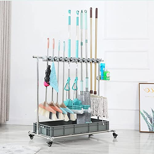 Movable Hand Trucks Movable Floor Standing Mop Broom Holder Cleaning Tool Cart,Cleaning Tool Cart,Wet Mop Drain Rack Garden Tool Hanger Shelf with Wheels,Hanging Broom Organizer Storage Syste