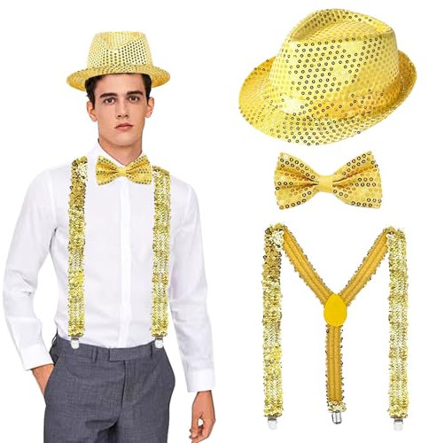NYZQIW Glitzer Outfit Herren, Silvester Kostüm Accessories, Pailletten Zylinder Hut, Hosenträger und Fliege, Glitzer Silvester Outfit, für Karneval Party Show, Kostüm Party Zubehör