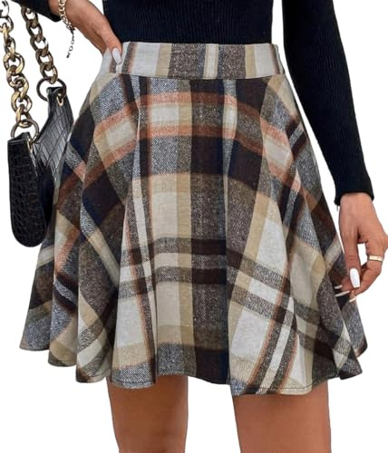 Minetom Damen Kariert Röcke Hohe Taille Plaid A-Linie Röcke Freizeitrock Minirock Winterrock Retro Skater Rock A Braun S