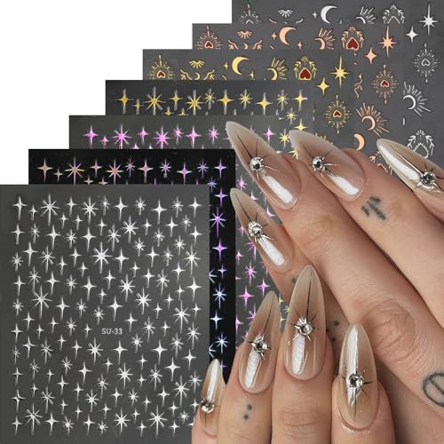 GZMAYUEN Nagel Stickers Sterne Mond Nagelsticker Selbstklebend Nail Art Stickers, 7-Blätter 3D Shiny Crystal Design Star Aufkleber für Nägel DIY Zubehör Nail Decals Frauen Maniküre