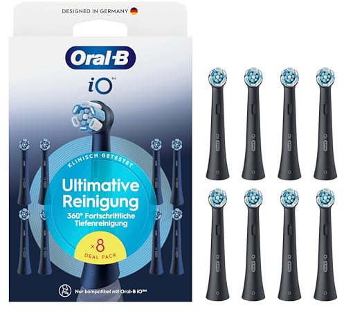 Oral-B iO Ultimative Reinigung – ORIGINAL Aufsteckbürsten für Elektrische Oral-B iO Zahnbürsten – Bürstenköpfe, Zahnbürstenaufsatz, Ersatzbürsten, Fortschrittliche Tiefenreinigung – Schwarz, 8 Stück