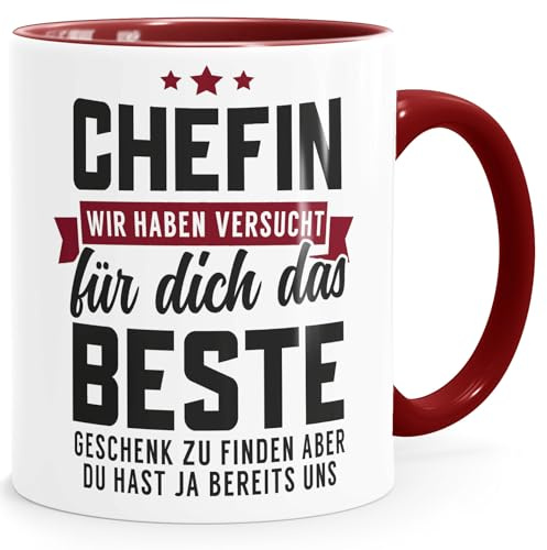 MoonWorks® Kaffee-Tasse Spruch Chefin Wir haben versucht das beste Geschenk für dich zu finden Kaffeebecher lustig Bürotasse Weiss-innen-bordeauxrot standard