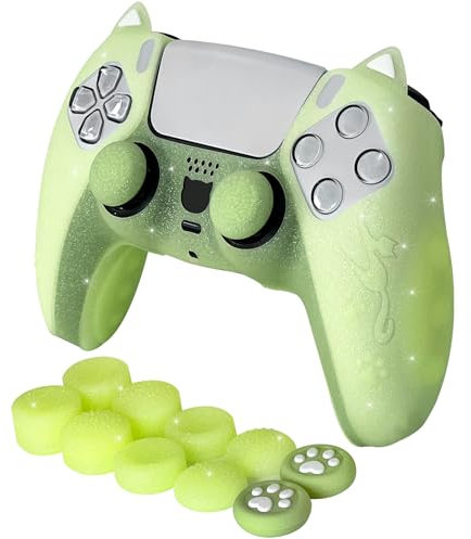 HLRAO Funda de silicona verde con purpurina que brilla en la oscuridad para PS5, incluye 8 empuñaduras de pulgar brillantes y 2 accesorios de agarre de pata de gato.