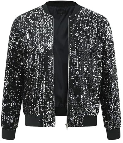 BHXUTK Pailletten Jacke Herren Glitzer Jacket Herren Metallic Pailletten Jacke 70er Baseball Bomberjacke Disco Nachtklub Party Karneval Kostüm Reißverschluss Paillettenjacke für Herren Mäntel