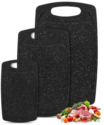 Vikcvcsc Set 3 Tabla Cortar Cocina, Tabla Cortar de Plástico Sin BPA, Cutting Board con Asas y Ranura para el Jugo, Chopping Board Antideslizante para Verduras/Frutas/Carnes, Negro
