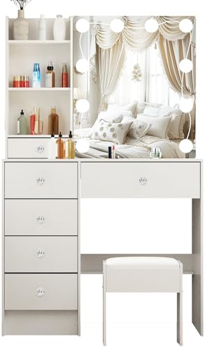 Saimeihome Schminktisch mit Spiegel und Hocker, Kosmetiktisch mit 6 Schubladen & 6 Ablagefächern, Höhenverstellbare Lichtfarbe & Helligkeit, Make-up Tisch für Schlafzimmer, 80x36x130 cm, SW39E