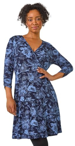 Roman Originals Wrap Tea Dress for Women UK Ladies Fit Flare Skater Swing Stretch Frill Long & Short Sleeve Evening Cocktail Party Work Office Smart Casual Knee Length - Petite Lapis Noir - Size 8