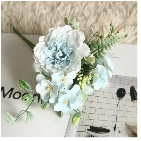 XXAD553TY Künstliche Blumen Simulation Blumen Kamelie Pfingstrose Rosen Hochzeit Blumen DIY Blumenstrauß Rosa Begonie Hausgarten Party Dekoration Fälschung(Blue)