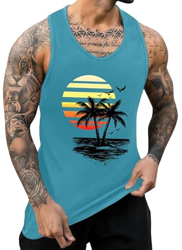 IWOLLENCE Mens Vest Tops Cotton Summer Hawaiian Printed Round Neck Beach Mens Holiday Vests Casual Sleeveless Tshirt Men