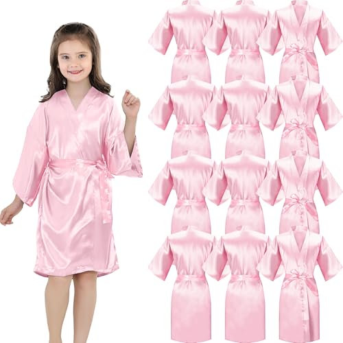 OGMBI Lot de 12 peignoirs kimono en satin pour filles, peignoirs de fête spa pour enfants, peignoir d'anniversaire pour salon, soirée pyjama, douche, fournitures de fête, rose, 160