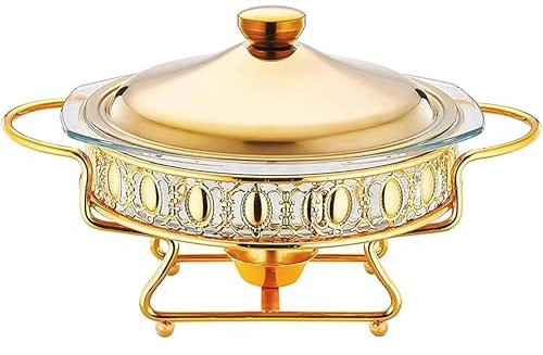 SdaryWare Runder Chafing Dish aus Glas mit Eisenrahmen, 2,0 l Speisenwärmer, Elegantes Design, spülmaschinenfeste Antihaft-Pfannen für Partys,A-23.4 cm