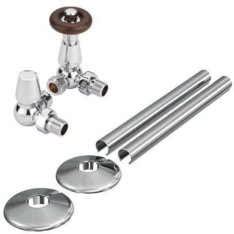 Traditional Thermostatic Radiator Valves Chrome Corner - 1/2 x 15mm with Matching Clip-on Pipe Covers and Collars
